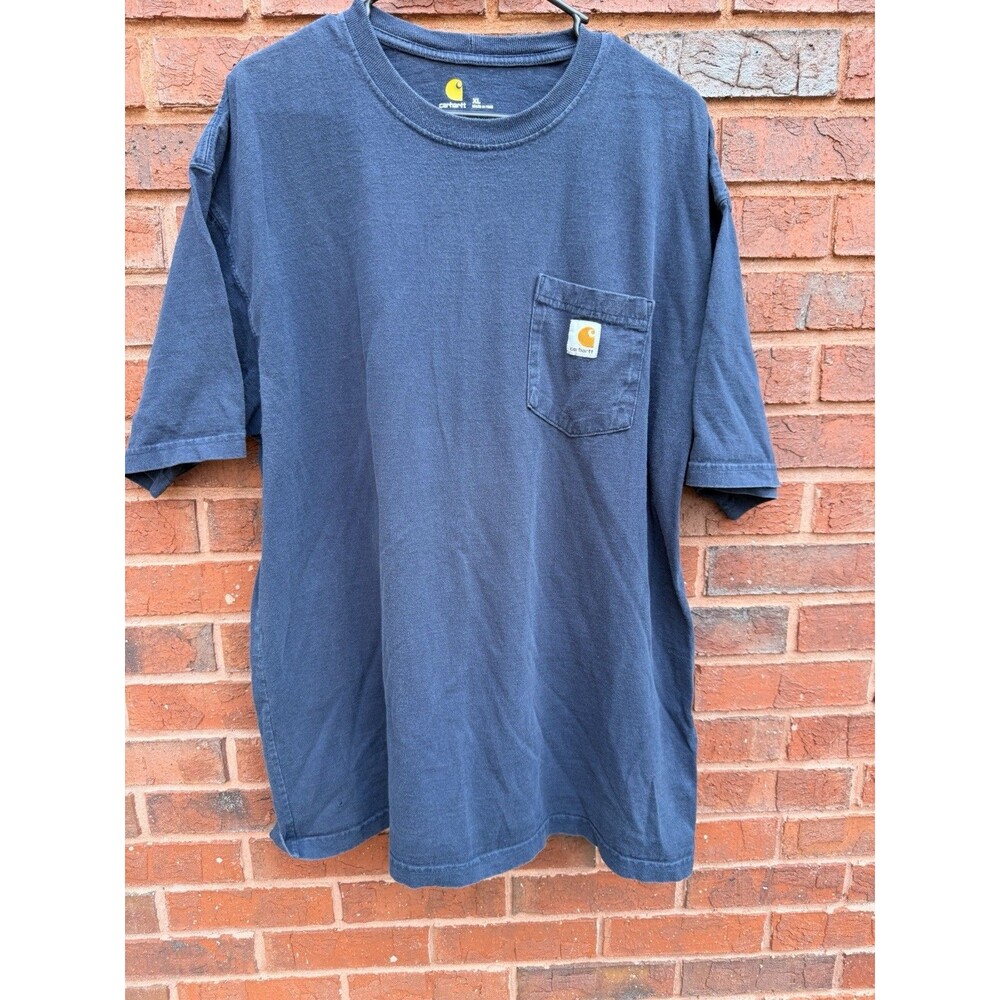 Carhartt Mens XL Navy Pocket T Shirt Distressed Faded Workwear Logo Tee c26